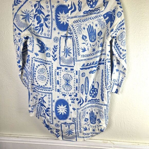 Women's Calyspo Blue and White Graphic Linen Blend Button-Up Shirt Sizs Small - Picture 5 of 11